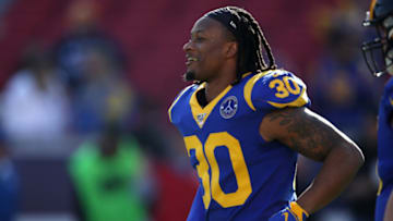 LOS ANGELES, CALIFORNIA - DECEMBER 29: Todd Gurley #30 of the Los Angeles Rams looks on prior to a game against the Arizona Cardinals at Los Angeles Memorial Coliseum on December 29, 2019 in Los Angeles, California. (Photo by Sean M. Haffey/Getty Images)