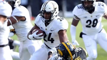 Nov 21, 2015; Iowa City, IA, USA; Purdue Boilermakers kick returner Frankie Williams (24) stiff arms Iowa Hawkeyes defensive back Maurice Fleming (28) in the first quarter at Kinnick Stadium. Mandatory Credit: Reese Strickland-USA TODAY Sports