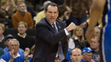 Mar 5, 2014; Winston-Salem, NC, USA; Duke Blue Devils head coach Mike Krzyzewski reacts to a call during the first half against the Wake Forest Demon Deacons at Lawrence Joel Veterans Memorial Coliseum. Mandatory Credit: Jeremy Brevard-USA TODAY Sports