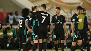 ABU DHABI, UNITED ARAB EMIRATES - DECEMBER 13: Gareth Bale of Real Madrid celebrates scoring a goal to make it 1-2 with Cristiano Ronaldo and his team-mates during the FIFA Club World Cup UAE 2017 semi-final match between Al Jazira and Real Madrid CF at Zayed Sports City Stadium on December 13, 2017 in Abu Dhabi, United Arab Emirates. (Photo by Matthew Ashton - AMA/Getty Images)