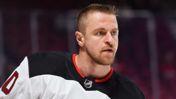 MONTREAL, QC - APRIL 01: Look on New Jersey Devils Left Wing Michael Grabner (40) at warm-up before the New Jersey Devils versus the Montreal Canadiens game on April 1, 2018, at Bell Centre in Montreal, QC (Photo by David Kirouac/Icon Sportswire via Getty Images)