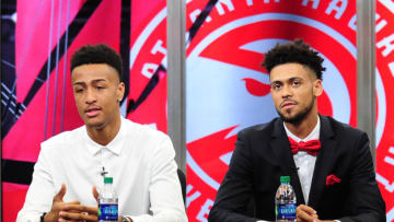 ATLANTA, GA - JUNE 26: General Manager Travis Schlenk of the Atlanta Hawks introduces new draft picks John Collins, Tyler Dorsey, and Alpha Kaba during a Press Conference on June 26, 2017 at Fox Studios in Atlanta, Georgia. NOTE TO USER: User expressly acknowledges and agrees that, by downloading and/or using this Photograph, user is consenting to the terms and conditions of the Getty Images License Agreement. Mandatory Copyright Notice: Copyright 2017 NBAE (Photo by Scott Cunningham/NBAE via Getty Images)