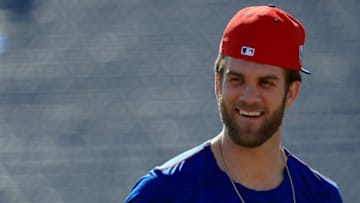 CLEARWATER, FLORIDA - MARCH 03: Bryce Harper #3 of the Philadelphia Phillies works out at Spectrum Field on March 03, 2019 in Clearwater, Florida. (Photo by Mike Ehrmann/Getty Images)