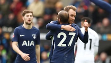 SWANSEA, WALES - MARCH 17: Christian Eriksen of Tottenham Hotspur celebrates with teammate Lucas Moura after scoring his sides third goal during The Emirates FA Cup Quarter Final match between Swansea City and Tottenham Hotspur at Liberty Stadium on March 17, 2018 in Swansea, Wales. (Photo by Catherine Ivill/Getty Images)