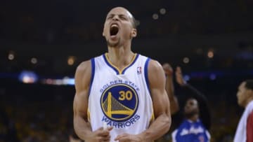 Apr 27, 2014; Oakland, CA, USA; Golden State Warriors guard Stephen Curry (30) celebrates against the Los Angeles Clippers during the first quarter in game four of the first round of the 2014 NBA Playoffs at Oracle Arena. Mandatory Credit: Kyle Terada-USA TODAY Sports