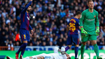 MADRID, SPAIN - DECEMBER 23: Sergio Ramos of Real Madrid reacts during the La Liga match between Real Madrid and Barcelona at Estadio Santiago Bernabeu on December 23, 2017 in Madrid, Spain. (Photo by Gonzalo Arroyo Moreno/Getty Images)