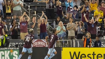 COMMERCE CITY, CO - AUGUST 10: Diego Rubio #7 of the Colorado Rapids, center, celebrates after scoring during the second half against the San Jose Earthquakes at Dick's Sporting Goods Park on August 10, 2019 in Commerce City, Colorado. (Photo by Timothy Nwachukwu/Getty Images)