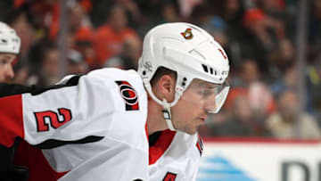 PHILADELPHIA, PA - FEBRUARY 03: Dion Phaneuf #2 of the Ottawa Senators looks on against the Philadelphia Flyers on February 3, 2018 at the Wells Fargo Center in Philadelphia, Pennsylvania. (Photo by Len Redkoles/NHLI via Getty Images)