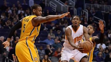 Jan 19, 2016; Phoenix, AZ, USA; Phoenix Suns guard Brandon Knight (3) drives the ball against Indiana Pacers forward Lavoy Allen (5) in the second half at Talking Stick Resort Arena. The Pacers won 97-94. Mandatory Credit: Jennifer Stewart-USA TODAY Sports