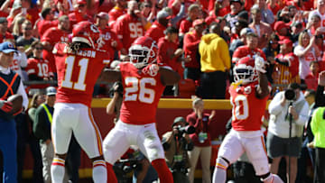 Kansas City Chiefs running back Damien Williams (26) celebrates a 14-yard touchdown (Photo by Scott Winters/Icon Sportswire via Getty Images)