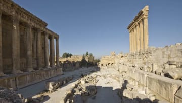 The ruins of the Temple of Bacchus and the Temple of Jupiter at Baalbek.