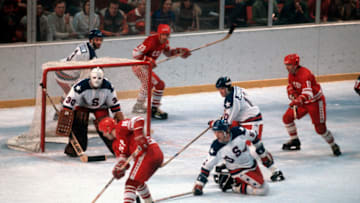 LAKE PLACID, NY - FEBRUARY 22: The United States Hockey team competes against the Soviet Union hockey team during a metal round game of the Winter Olympics February 22, 1980 at the Olympic Center in Lake Placid, New York. The game was named "The Miracle On Ice" as the United States defeated the Soviet Union 4-3. . (Photo by Focus on Sport/Getty Images) *** Local Caption ***