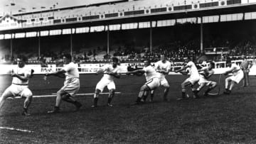 The U.S. tug-of-war team at the 1908 London Olympics.