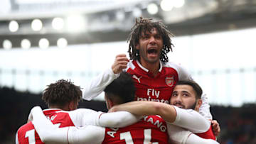LONDON, ENGLAND - MARCH 11: Pierre-Emerick Aubameyang of Arsenal celebrates scoring the 2nd Arsenal goal with Mohamed Elneny of Arsenal during the Premier League match between Arsenal and Watford at Emirates Stadium on March 11, 2018 in London, England. (Photo by Julian Finney/Getty Images)
