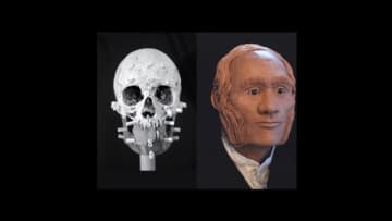 John Gregory's actual skull alongside a 3D rendering of his head.