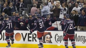 Apr 28, 2014; Columbus, OH, USA; Columbus Blue Jackets left wing Nick Foligno (71) celebrates his 3rd period goal against the Pittsburgh Penguins in game six of the first round of the 2014 Stanley Cup Playoffs at Nationwide Arena. The Penguins won the game 4-3. Mandatory Credit: Greg Bartram-USA TODAY Sports