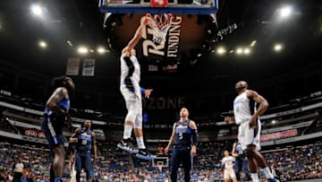 ORLANDO, FL - APRIL 4: Aaron Gordon #00 of the Orlando Magic dunks the ball during the game against the Dallas Mavericks on April 4, 2018 at Amway Center in Orlando, Florida. NOTE TO USER: User expressly acknowledges and agrees that, by downloading and or using this photograph, User is consenting to the terms and conditions of the Getty Images License Agreement. Mandatory Copyright Notice: Copyright 2018 NBAE (Photo by Fernando Medina/NBAE via Getty Images)