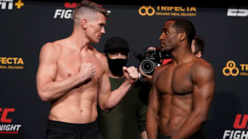 LAS VEGAS, NEVADA - DECEMBER 18: In this handout image provided by UFC, (L-R) Opponents Stephen Thompson and Geoff Neal face off during the UFC Fight Night weigh-in at UFC APEX on December 18, 2020 in Las Vegas, Nevada. (Photo by Cooper Neill/Zuffa LLC via Getty Images)
