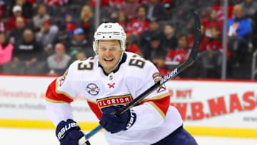 NEWARK, NJ - OCTOBER 27: Florida Panthers right wing Evgenii Dadonov (63) skates during the first period of the National Hockey League Game between the New Jersey Devils and the Florida Panthers on October 27, 2018 at the Prudential Center in Newark, NJ. (Photo by Rich Graessle/Icon Sportswire via Getty Images)