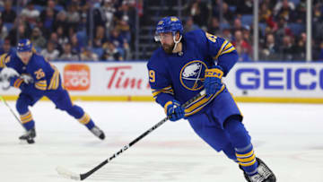 Mar 27, 2023; Buffalo, New York, USA; Buffalo Sabres right wing Alex Tuch (89) skates with the puck during the second period against the Montreal Canadiens at KeyBank Center. Mandatory Credit: Timothy T. Ludwig-USA TODAY Sports