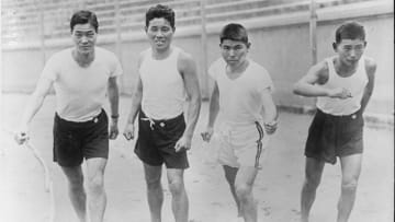 Runners Kenzo Yashima, Yahei Miura, Shizo Kanakuri, and Zensaku Motegi.