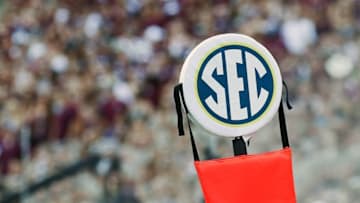 Sep 3, 2016; College Station, TX, USA; The SEC logo on the chains during a game between the Texas A&M Aggies and the UCLA Bruins at Kyle Field. Texas A&M won in overtime 31-24. Mandatory Credit: Ray Carlin-USA TODAY Sports
