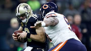 NEW ORLEANS, LA - OCTOBER 29: Drew Brees #9 of the New Orleans Saints is sacked by Akiem Hicks #96 of the Chicago Bears during the first quarter at the Mercedes-Benz Superdome on October 29, 2017 in New Orleans, Louisiana. (Photo by Wesley Hitt/Getty Images)