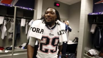 Feb 1, 2015; Glendale, AZ, USA; New England Patriots running back LeGarrette Blount (29) celebrates in the locker room after beating the Seattle Seahawks in Super Bowl XLIX at University of Phoenix Stadium. Mandatory Credit: Mark J. Rebilas-USA TODAY Sports