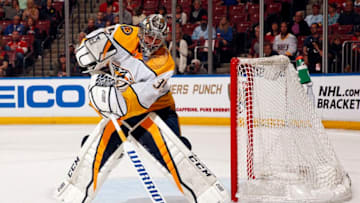 SUNRISE, FL - APRIL 3: Goaltender Pekka Rinne #35 of the Nashville Predators send the puck back around against the Florida Panthers at the BB&T Center on April 3, 2018 in Sunrise, Florida. (Photo by Eliot J. Schechter/NHLI via Getty Images) *** Local Caption *** Pekka Rinne