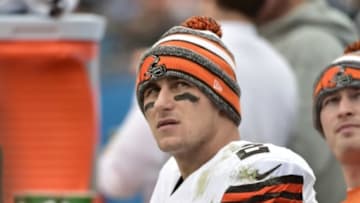 Dec 21, 2014; Charlotte, NC, USA; Cleveland Browns quarterback Johnny Manziel (2) on the sidelines in the first quarter at Bank of America Stadium. Mandatory Credit: Bob Donnan-USA TODAY Sports