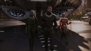 Lupita Nyong'o, Chadwick Boseman, and Danai Gurira in Black Panther (2018).