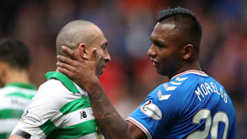 GLASGOW, SCOTLAND - SEPTEMBER 01: Celtic captain Scott Brown interacts with Alfredo Morelos of Rangers during the Ladbrokes Premiership match between Rangers and Celtic at Ibrox Stadium on September 01, 2019 in Glasgow, Scotland. (Photo by Ian MacNicol/Getty Images)
