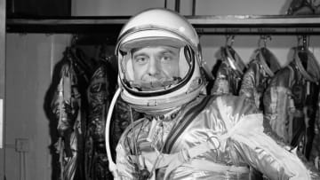 Astronaut Alan Shepard wears his pressure suit for the Mercury-Redstone 3 (MR-3) flight, the first American crewed spaceflight.