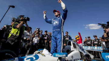 MANSFIELD, OH - JULY 30: Josef Newgarden celebrates after winning the Verizon IndyCar Series Honda Indy 200 race at Mid-Ohio Sports Car Course on July 30, 2017 in Mansfield, Ohio. (Photo by Brian Cleary/Getty Images)