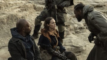 Alycia Debnam-Carey as Alicia Clark, Lennie James as Morgan Jones, Colman Domingo as Victor Strand - Fear the Walking Dead _ Season 7, Episode 8 - Photo Credit: Lauren "Lo" Smith/AMC