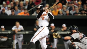 May 12, 2016; Baltimore, MD, USA; Baltimore Orioles second baseman Jonathan Schoop (6) hits a two run triple in the seventh inning against the Detroit Tigers at Oriole Park at Camden Yards. Mandatory Credit: Evan Habeeb-USA TODAY Sports