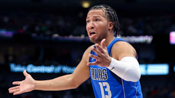 Mar 9, 2022; Dallas, Texas, USA; Dallas Mavericks guard Jalen Brunson (13) reacts during the second half against the New York Knicks at American Airlines Center. Mandatory Credit: Kevin Jairaj-USA TODAY Sports