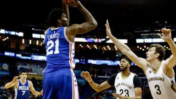 Dec 8, 2016; New Orleans, LA, USA; Philadelphia 76ers center Joel Embiid (21) shoots the ball over New Orleans Pelicans center Omer Asik (3) during the second quarter at the Smoothie King Center. Mandatory Credit: Derick E. Hingle-USA TODAY Sports