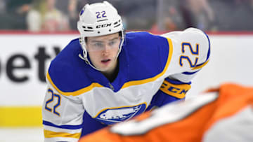 Apr 1, 2023; Philadelphia, Pennsylvania, USA; Buffalo Sabres right wing Jack Quinn (22) against the Philadelphia Flyers at Wells Fargo Center. Mandatory Credit: Eric Hartline-USA TODAY Sports