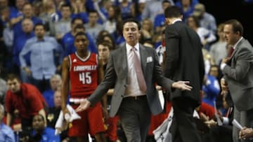Dec 26, 2015; Lexington, KY, USA; Louisville Cardinals head coach Rick Pitino reacts during the first half against the Kentucky Wildcats at Rupp Arena. Kentucky won 75-73. Mandatory Credit: Frank Victores-USA TODAY Sports