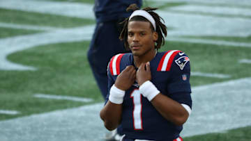 FOXBOROUGH, MASSACHUSETTS - OCTOBER 25: Cam Newton #1 of the New England Patriots walks on the sidelines during their NFL game against the San Francisco 49ers at Gillette Stadium on October 25, 2020 in Foxborough, Massachusetts. (Photo by Maddie Meyer/Getty Images)