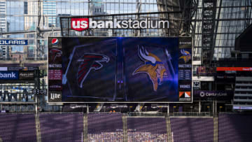 MINNEAPOLIS, MN - OCTOBER 18: A video board displays team logos before the game between the Atlanta Falcons and Minnesota Vikings at U.S. Bank Stadium on October 18, 2020 in Minneapolis, Minnesota. (Photo by Stephen Maturen/Getty Images)