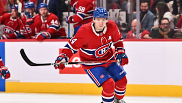 MONTREAL, QC - MARCH 26: Nick Suzuki #14 of the Montreal Canadiens skates against the Toronto Maple Leafs during the first period at Centre Bell on March 26, 2022 in Montreal, Canada. The Montreal Canadiens defeated the Toronto Maple Leafs 4-2. (Photo by Minas Panagiotakis/Getty Images)