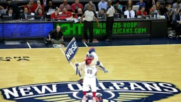 Oct 30, 2013; New Orleans, LA, USA; New Orleans Pelicans mascot Pierre the Pelican performs for the crowd during the second half of a game against the Indiana Pacers at New Orleans Arena. The Pacers defeated the Pelicans 95-90. Mandatory Credit: Derick E. Hingle-USA TODAY Sports