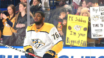 BUFFALO, NY - MARCH 19: Fans watch as P.K. Subban #76 of the Nashville Predators skates during warmups before an NHL game against the Buffalo Sabres on March 19, 2018 at KeyBank Center in Buffalo, New York. (Photo by Joe Hrycych/NHLI via Getty Images)