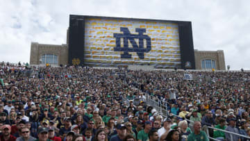 SOUTH BEND, IN - SEPTEMBER 02: General view of fans seated beneath a new stadium video scoreboard during a game between the Notre Dame Fighting Irish and Temple Owls at Notre Dame Stadium on September 2, 2017 in South Bend, Indiana. The Irish won 49-16. (Photo by Joe Robbins/Getty Images) *** Local Caption ***