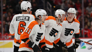 Travis Konecny, Kevin Hayes, Travis Sanheim, and Philippe Myers, Philadelphia Flyers (Photo by Patrick Smith/Getty Images)