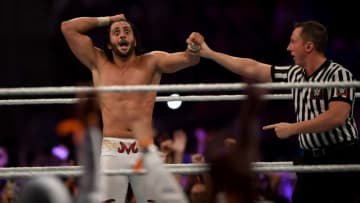 Saudi wrestler Mansoor al-Shehail (L) reacts on the ring during the World Wrestling Entertainment (WWE) Super Showdown event in the Saudi Red Sea port city of Jeddah late on January 7, 2019. (Photo by Amer HILABI / AFP) (Photo credit should read AMER HILABI/AFP/Getty Images)