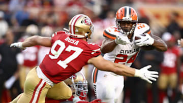 SANTA CLARA, CALIFORNIA - OCTOBER 07: Nick Chubb #24 of the Cleveland Browns is tackled by Nick Bosa #97 of the San Francisco 49ers at Levi's Stadium on October 07, 2019 in Santa Clara, California. (Photo by Ezra Shaw/Getty Images)