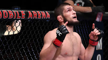 LAS VEGAS, NV - OCTOBER 06: Khabib Nurmagomedov of Russia prepares to begin his UFC lightweight championship bout during the UFC 229 event inside T-Mobile Arena on October 6, 2018 in Las Vegas, Nevada. (Photo by Josh Hedges/Zuffa LLC/Zuffa LLC)